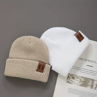 3 Pcs Boys Knit Leather Patch Beanie Hat