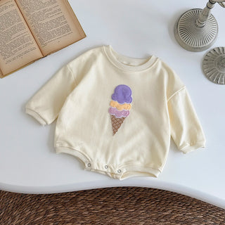 Newborn Baby One Piece Ice Cream Long Sleeved Jumpsuit Casual Knitted Shirt for Autumn Unisex Boys & Girls Korean Style - RYAN AND REMI
