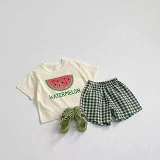 Plaid Shorts Fruit Print Set - RYAN AND REMI