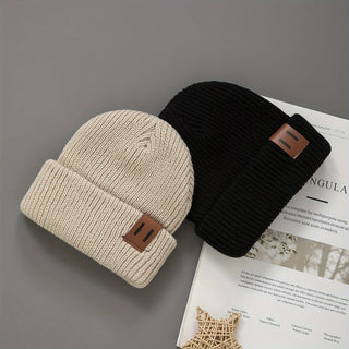 3 Pcs Boys Knit Leather Patch Beanie Hat