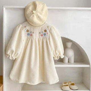 Corduroy Flower Embroidered Dress - RYAN AND REMI