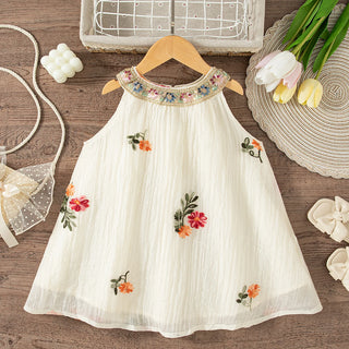 Baby Girl Dresses Summer Flower Embroidery Cotton Neck Girls Dresses Cute Girls Beach Dresses Baby Girl Clothes - RYAN AND REMI