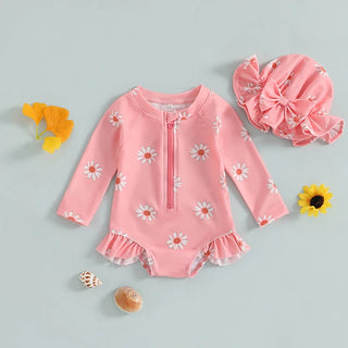 Toddler Baby Girl Swimsuit Floral Rash Guard with Hat Set Long Sleeve Zipper Bathing Suit Swimwear - RYAN AND REMI