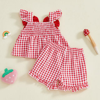Toddler Baby Girls Summer Clothes Strawberry Embroidered Plaid Bowsknot Ruffles Trim Tank Tops+Shorts Holiday Beach Outfits - RYAN AND REMI