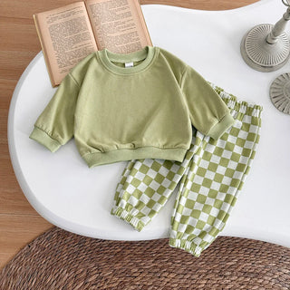 2PCS Spring Autumn Cotton Set For 0-3 Year Old Baby Comfortable Loose Solid Pullover Checked Pant Two Piece Baby Clothes - RYAN AND REMI