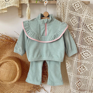 Baby Girl Mint Green Ribbed Lounge Set Half Zip High Neck Ruffle Top Flare Pants with Bow Soft Casual 2Pcs Outfit for Daily Wear - RYAN AND REMI