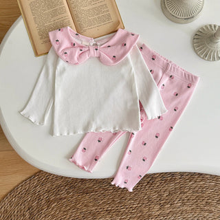 Toddler Boy Outfits Bow Collar Fruit Print Long Sleeve Sweatshirt Pink Pants Set Spring Fall Clothes Baby Girl Clothes - RYAN AND REMI