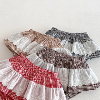 Baby Girls Plaid Skirt Shorts Kids Ruffles Lace Embroidery Pettiskirt Toddler Tutu Skirt Infant Bloomers PP Shorts 0-3t - RYAN AND REMI