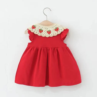 Baby Girl Bow Red Strawberry Dress Summer Element Knit Doll Collar Sleeveless Dress Baby Girl Dress with Bag - RYAN AND REMI