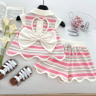 Bear Leader Summer New Girl Outfits Cartoon Stripe Suit Fashion Bareback Big Bow Top + Shorts Casual Child Sets 3-7 Years Old - RYAN AND REMI