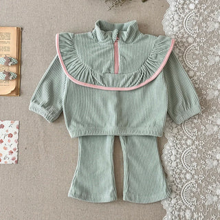 Baby Girl Mint Green Ribbed Lounge Set Half Zip High Neck Ruffle Top Flare Pants with Bow Soft Casual 2Pcs Outfit for Daily Wear - RYAN AND REMI