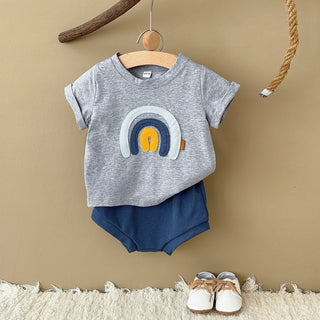 Korean StyleSummer Rainbow Embroidered Short Sleeve T-shirt Set for Preschool Children 6M-3Y Cute Boys And Girls Outfit - RYAN AND REMI