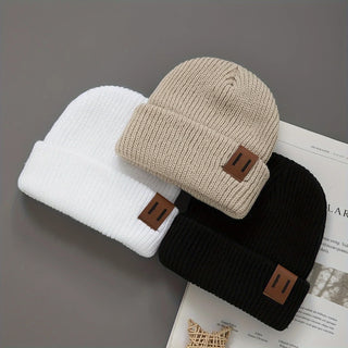 3 Pcs Boys Knit Leather Patch Beanie Hat
