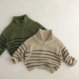 Stripe Turtle Neck Zip Up Sweater - RYAN AND REMI