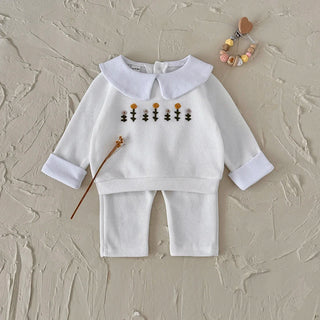 Flower Embroidered Lapel Sweatshirt Pants Set
