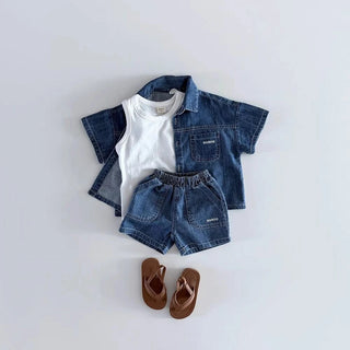 TZ2638 Korean Style Baby Boys Girls Short Sleeve Denim Shirt Shorts Set Summer Fashionable Cute Two-Piece Outfit for Toddlers - RYAN AND REMI