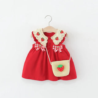 Baby Girl Bow Red Strawberry Dress Summer Element Knit Doll Collar Sleeveless Dress Baby Girl Dress with Bag - RYAN AND REMI