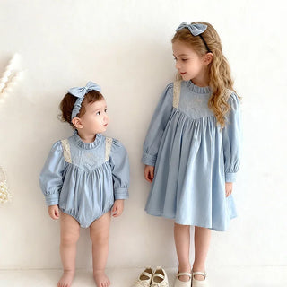 2025 New Autumn Children Clothes Kids Princess Dresses Baby Romper Long Sleeved Cotton Lace Splicing 2-7Yrs Girl Party Dress - RYAN AND REMI