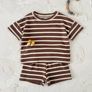 2Pcs Baby Summer Outfits Short Sleeve Lapel Neck Brown Striped Print Waffle Knit Tops and Shorts Set Suitable for ages 0-3Y - RYAN AND REMI