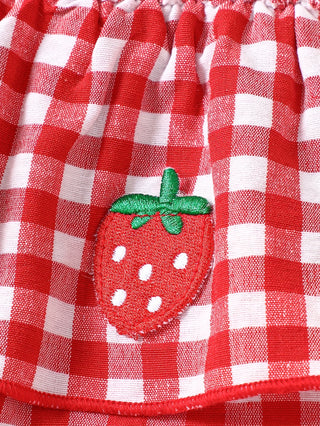 Baby Girl Strawberry Gingham Smocked Tie-Strap Romper Dress – Stretchy Shirred Bodice & Layered Skirt, Cute Summer One-Piece Out - RYAN AND REMI