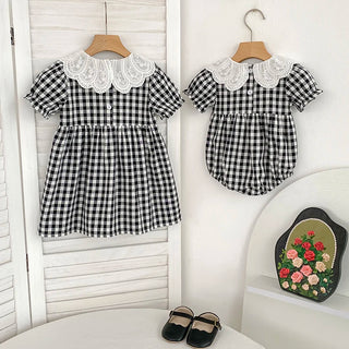 Checkered Eyelet Collar Sister Outfit