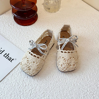 Bow Mesh Girls Flats Shoes Hollow Out Lace Solid Kids Princess Shoes Hook Loop Non Slip Toddler Children Fashion Shoes - RYAN AND REMI