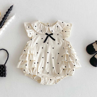 Toddler Baby Girl Bubble Romper Bow Dot Print Flying Sleeve Doll Collar Jumpsuit Cute Summer Spring Clothes - RYAN AND REMI