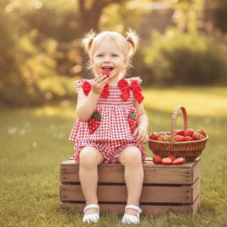Toddler Baby Girls Summer Clothes Strawberry Embroidered Plaid Bowsknot Ruffles Trim Tank Tops+Shorts Holiday Beach Outfits - RYAN AND REMI