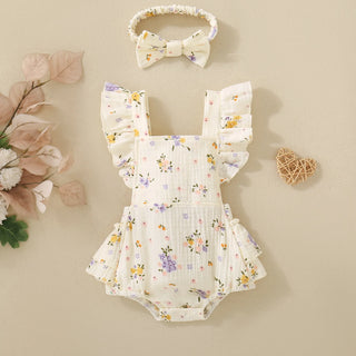 Summer girls, infants, flowers, flowers, plants, embroidered flying sleeves, hagi and bow scrunchie, two-piece set - RYAN AND REMI