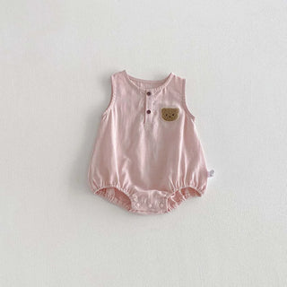 2026 Summer 0-2T Baby Clothes Infant Bodysuit with Bear Pattern Pure Color One-piece for Toddler Girls - RYAN AND REMI