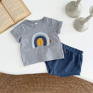 Korean StyleSummer Rainbow Embroidered Short Sleeve T-shirt Set for Preschool Children 6M-3Y Cute Boys And Girls Outfit - RYAN AND REMI