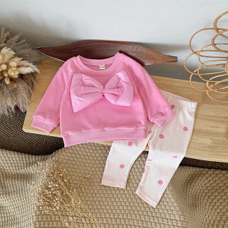 Toddler Boy Outfits Large Bow Long Sleeve Sweatshirt Polka Dot Print Pants Set Spring Fall Clothes Baby Girl Clothing - RYAN AND REMI