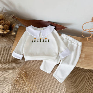 Flower Embroidered Lapel Sweatshirt Pants Set