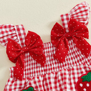 Toddler Baby Girls Summer Clothes Strawberry Embroidered Plaid Bowsknot Ruffles Trim Tank Tops+Shorts Holiday Beach Outfits - RYAN AND REMI