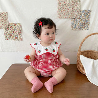 3M-2T Summer Korean Baby Clothing Strawberry Embroidery Girls Bodysuits Red Sleeveless Lace Collar Clothes for Newborns - RYAN AND REMI