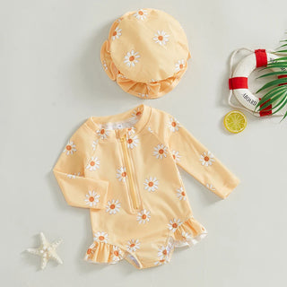 Toddler Baby Girl Swimsuit Floral Rash Guard with Hat Set Long Sleeve Zipper Bathing Suit Swimwear - RYAN AND REMI