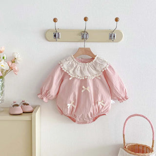 Spring and Autumn Baby Girl Bow Lace Neckline Jumpsuit, Baby Girl Sweet Cute Bow Long Sleeve Jumpsuit, Suitable for Outdoor - RYAN AND REMI