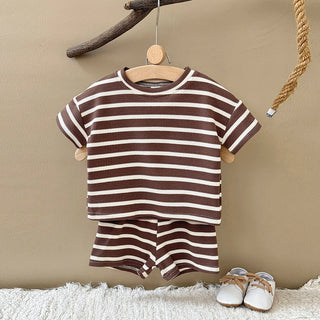 2Pcs Baby Summer Outfits Short Sleeve Lapel Neck Brown Striped Print Waffle Knit Tops and Shorts Set Suitable for ages 0-3Y - RYAN AND REMI