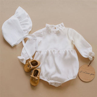 Linen Long Sleeve Ruffle Neck Baby Romper Jumpsuit - RYAN AND REMI