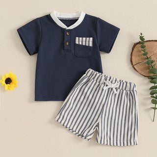 2024-10-09 Lioraitiin Toddler Baby Boy Summer Clothes Short Sleeve Pocket T-Shirt Stripe Drawstring Shorts Outfit - RYAN AND REMI