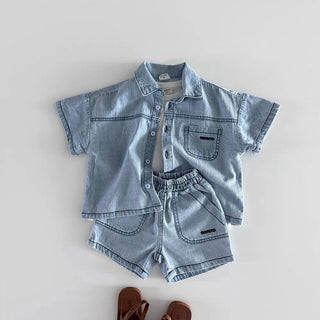 TZ2638 Korean Style Baby Boys Girls Short Sleeve Denim Shirt Shorts Set Summer Fashionable Cute Two-Piece Outfit for Toddlers - RYAN AND REMI