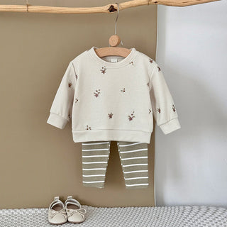 Floral Embroidery Top Striped Pant Set - RYAN AND REMI