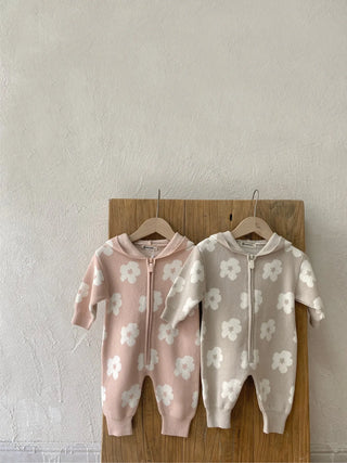 Floral Knitted Zip Up Hooded Jumpsuit - RYAN AND REMI