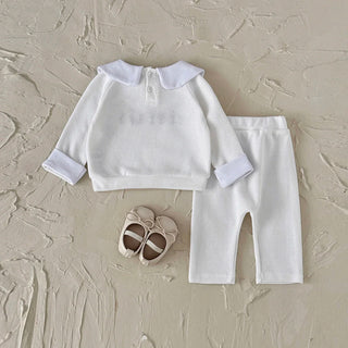 Flower Embroidered Lapel Sweatshirt Pants Set