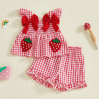 Toddler Baby Girls Summer Clothes Strawberry Embroidered Plaid Bowsknot Ruffles Trim Tank Tops+Shorts Holiday Beach Outfits - RYAN AND REMI