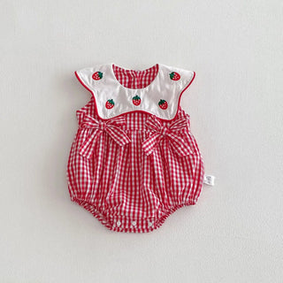 3M-2T Summer Korean Baby Clothing Strawberry Embroidery Girls Bodysuits Red Sleeveless Lace Collar Clothes for Newborns - RYAN AND REMI