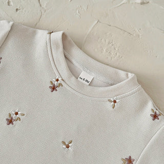 Floral Embroidery Top Striped Pant Set - RYAN AND REMI