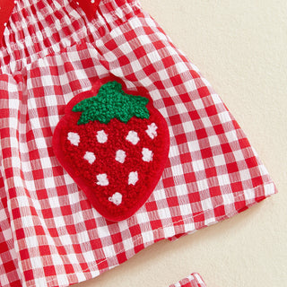 Toddler Baby Girls Summer Clothes Strawberry Embroidered Plaid Bowsknot Ruffles Trim Tank Tops+Shorts Holiday Beach Outfits - RYAN AND REMI