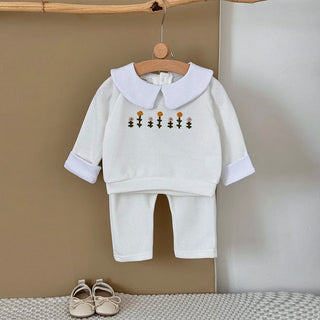 Flower Embroidered Lapel Sweatshirt Pants Set