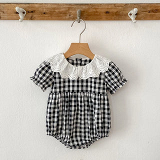 Checkered Eyelet Collar Sister Outfit